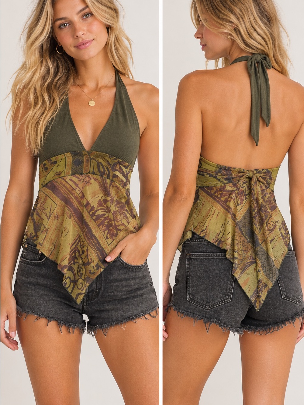 silence + noise Olive Green Halter Camisole with Printed Handkerchief Hem